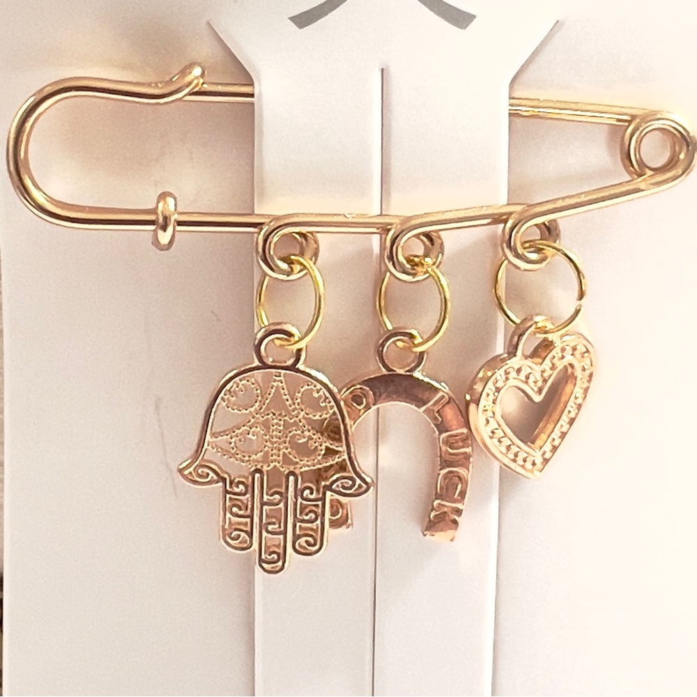 Gold Tone Charm Safety Pin Brooch | Hamsa Hand, Horseshoe & Heart Dangle Pin
